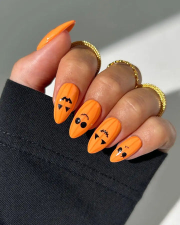 Handpainted Spooky Cute Jack-o'-lantern Halloween Press on Nails - Orange Fingernails G35