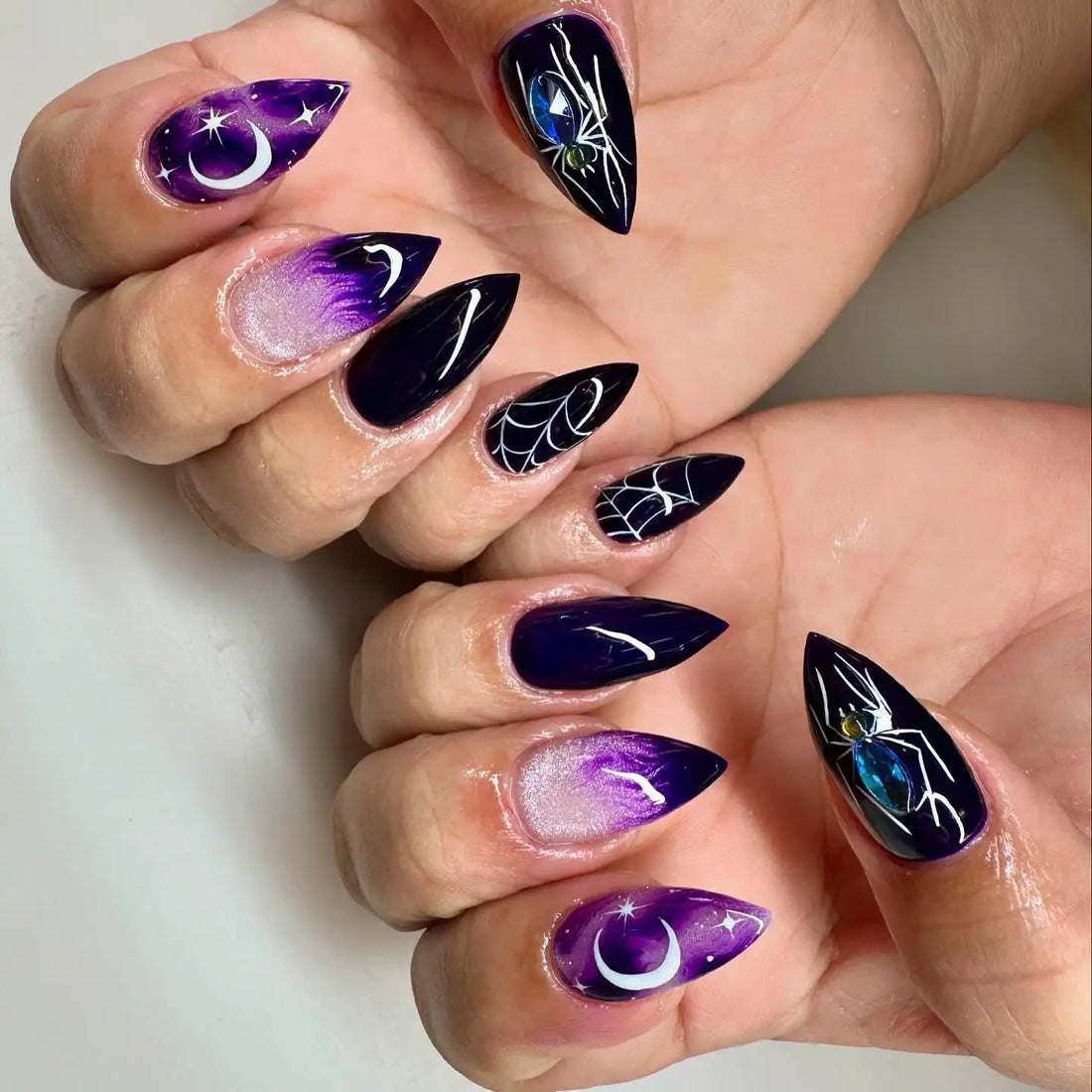 Handmade Spooky Spiderweb Moon Ombre Purple Halloween Press on Nails S44