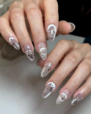 Handmade White Snowflake Glitter Pearl Winter Christmas Press on Nails Z04