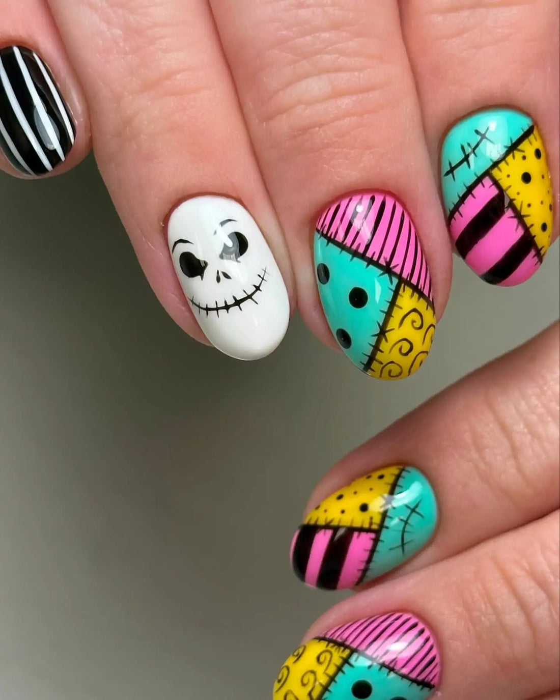 Handmade Spooky Jack Skull Stripe Halloween Press on Nails G73