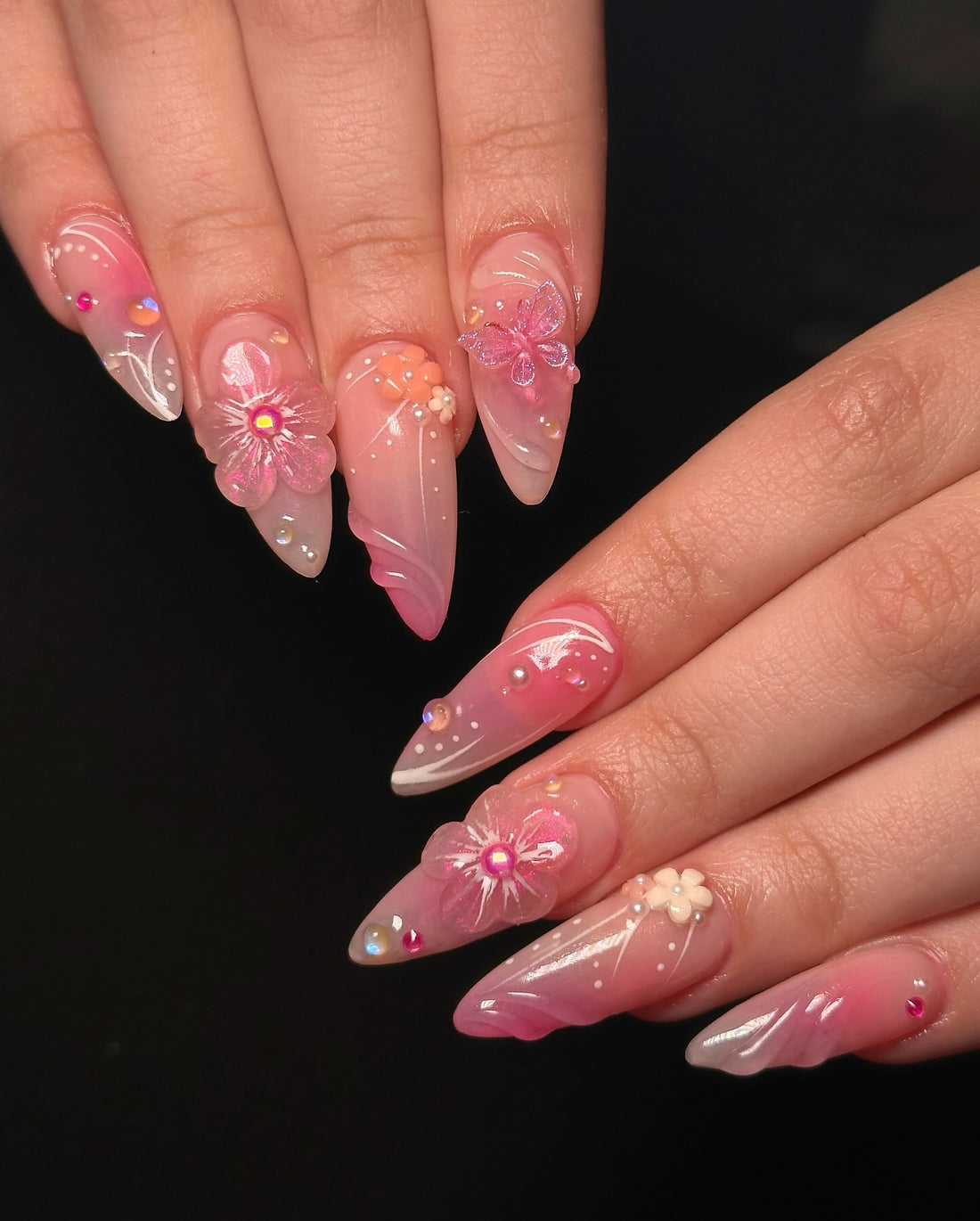 Handmade 3D Pink Fairy Garden Nails – Butterfly, Flower & Pearl Press-On Set E58