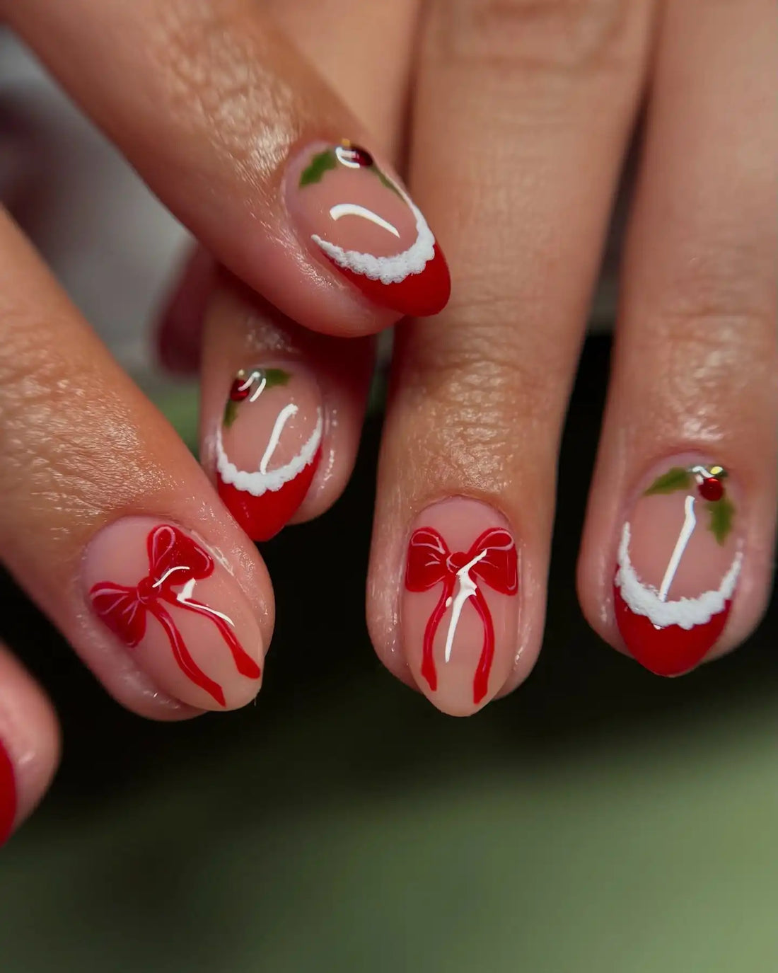 Handmade Red French Tip Bow Holly Christmas Press on Nails G89