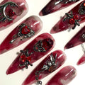 Handmade Halloween Press on Nails - Witchy 3D Red Ruby Silver Chain Design.