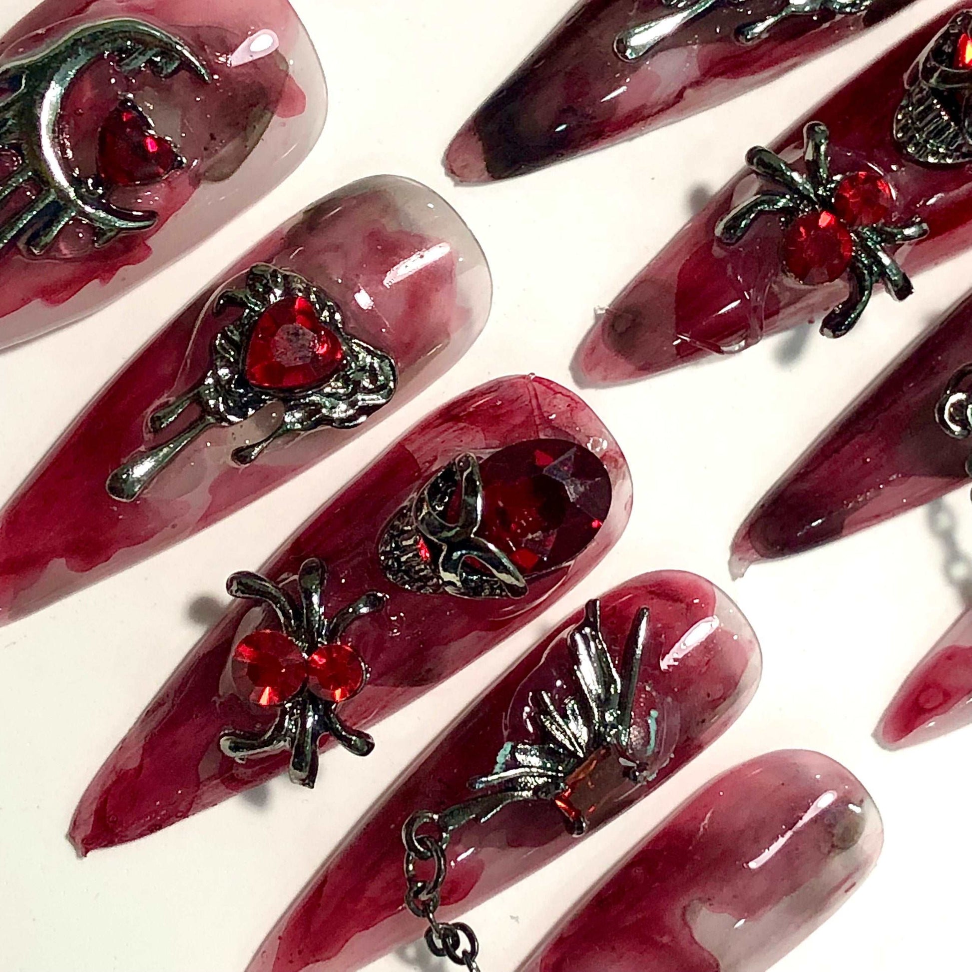 Handmade Halloween Press on Nails - Witchy 3D Red Ruby Silver Chain Design.