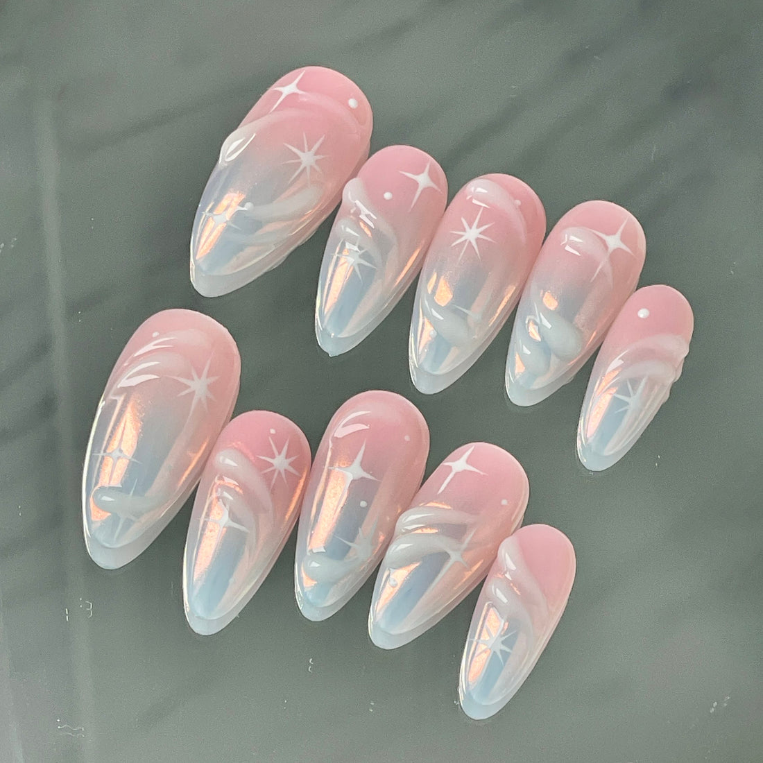 Handmade Soft Pink White Starry Swirl Elegant Press on Nails X83