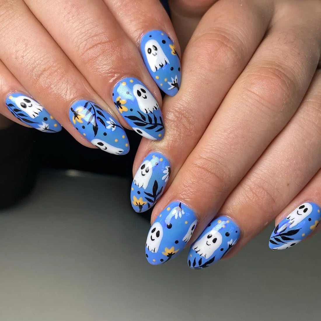 Handmade Cute Ghost Floral Blue Halloween Fall Press on Nails Z90