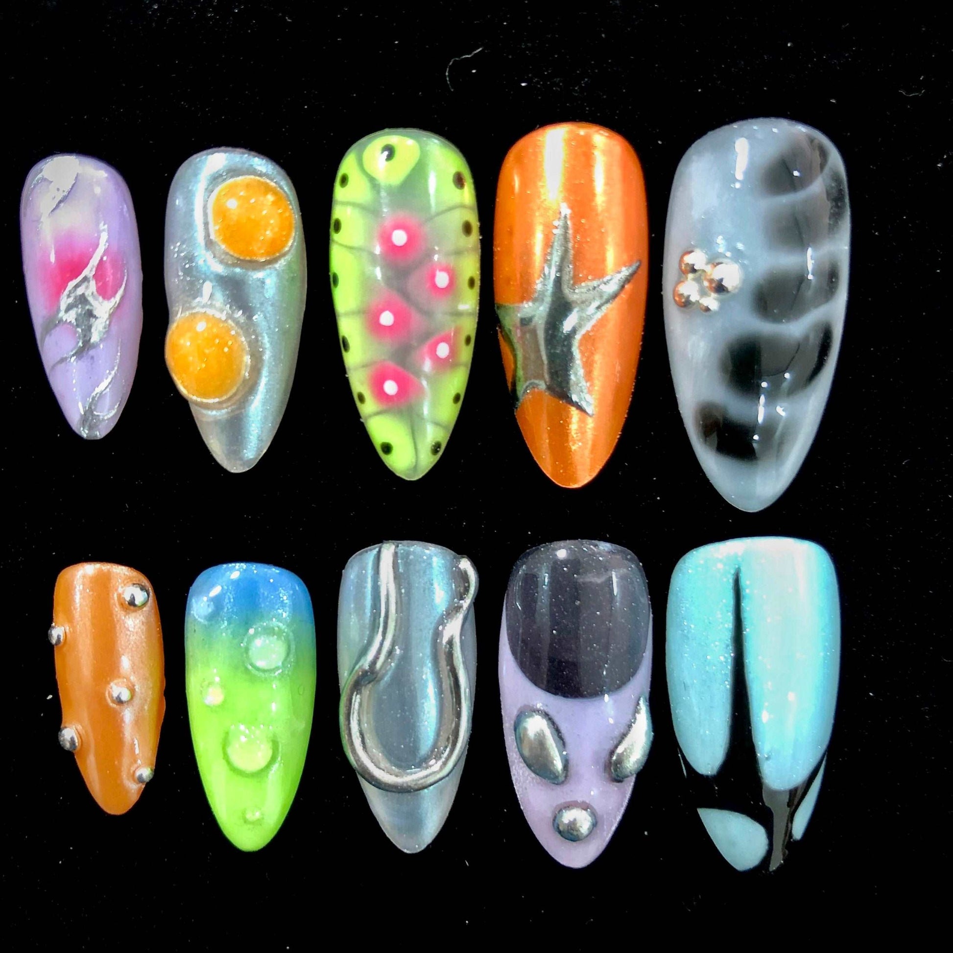 Handmade Colorful Free Style Press on Nails - Y2K Birthday Party Design.