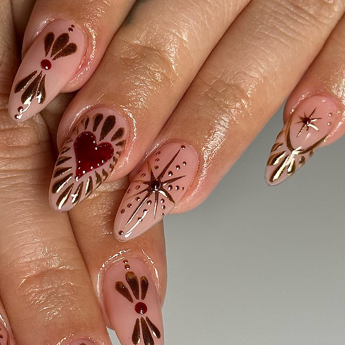 Handmade Romantic Pink Gold Heart Star Nail Art Press on Nails P49