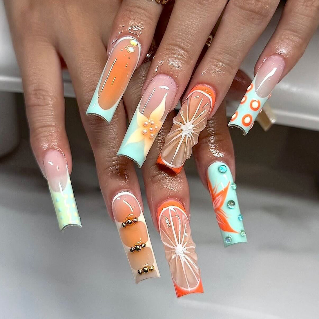 Handmade Summer Fruit 3D Orange Blue Playful Unique Press on Nails C51
