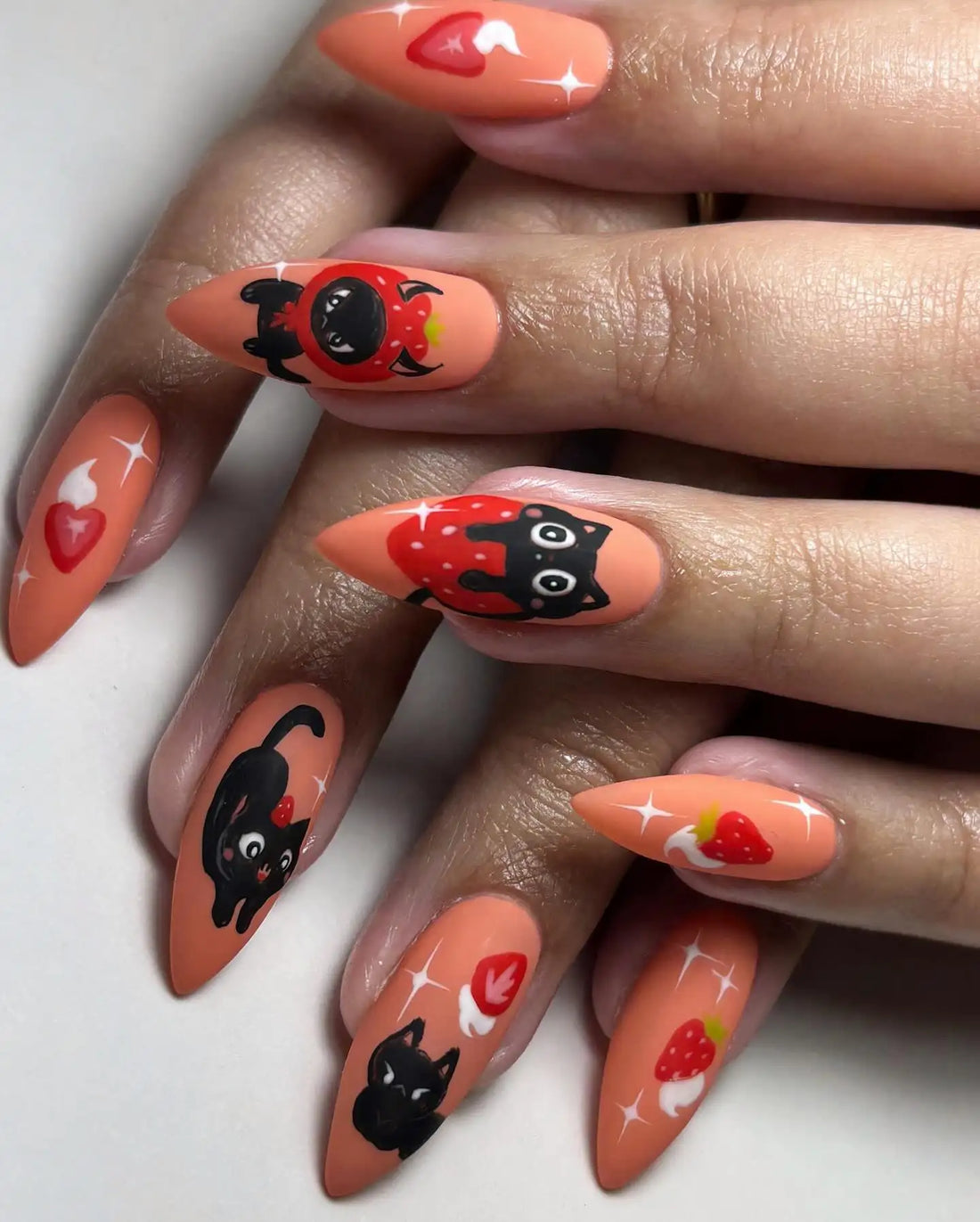 Handmade Kawaii Strawberry Devil Cat Red Sweet Halloween Press on Nails V55