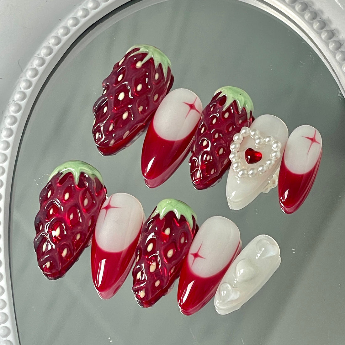 Handmade Vibrant Strawberry Red White Pearl Heart Accent Press on Nails W91