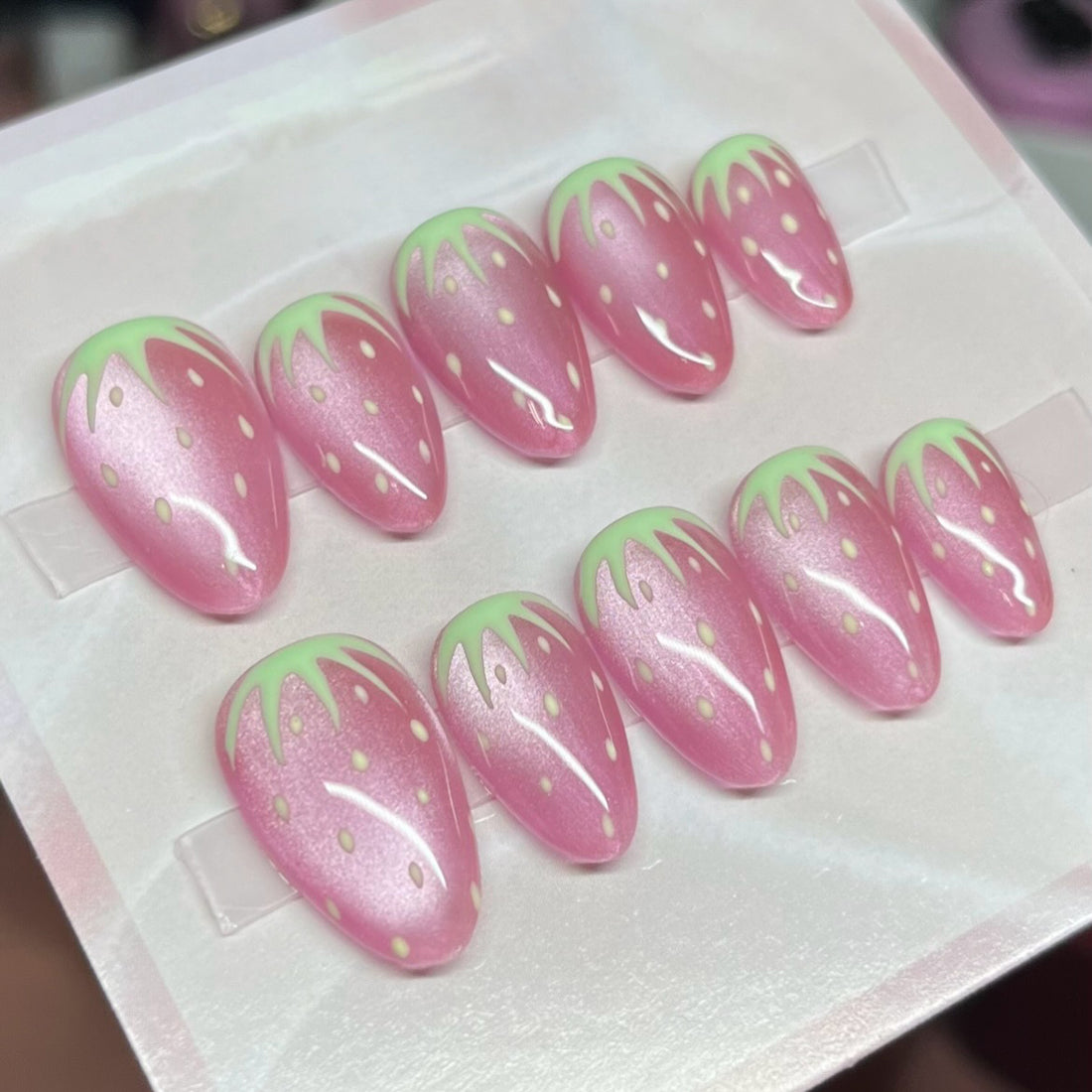 Handmade Shiny Pink Strawberry Fruit Inspired Cute Press on Nails U43