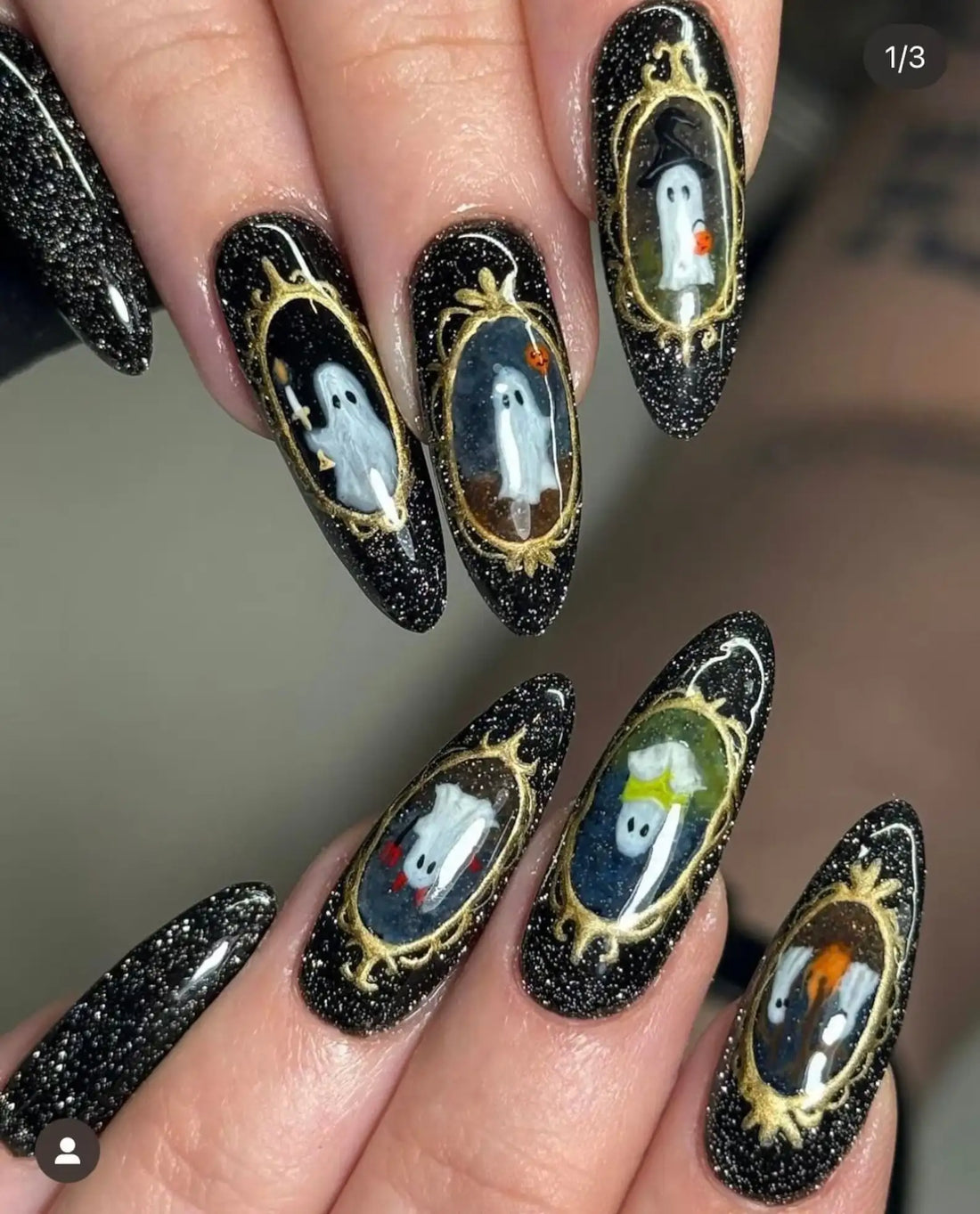 Handmade Haunted Portrait Ghost Gold Frame Black Halloween Press on Nails B62