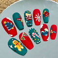 Handmade Christmas Press On Nails - Candy Cane GingerMan Red & Green Design.