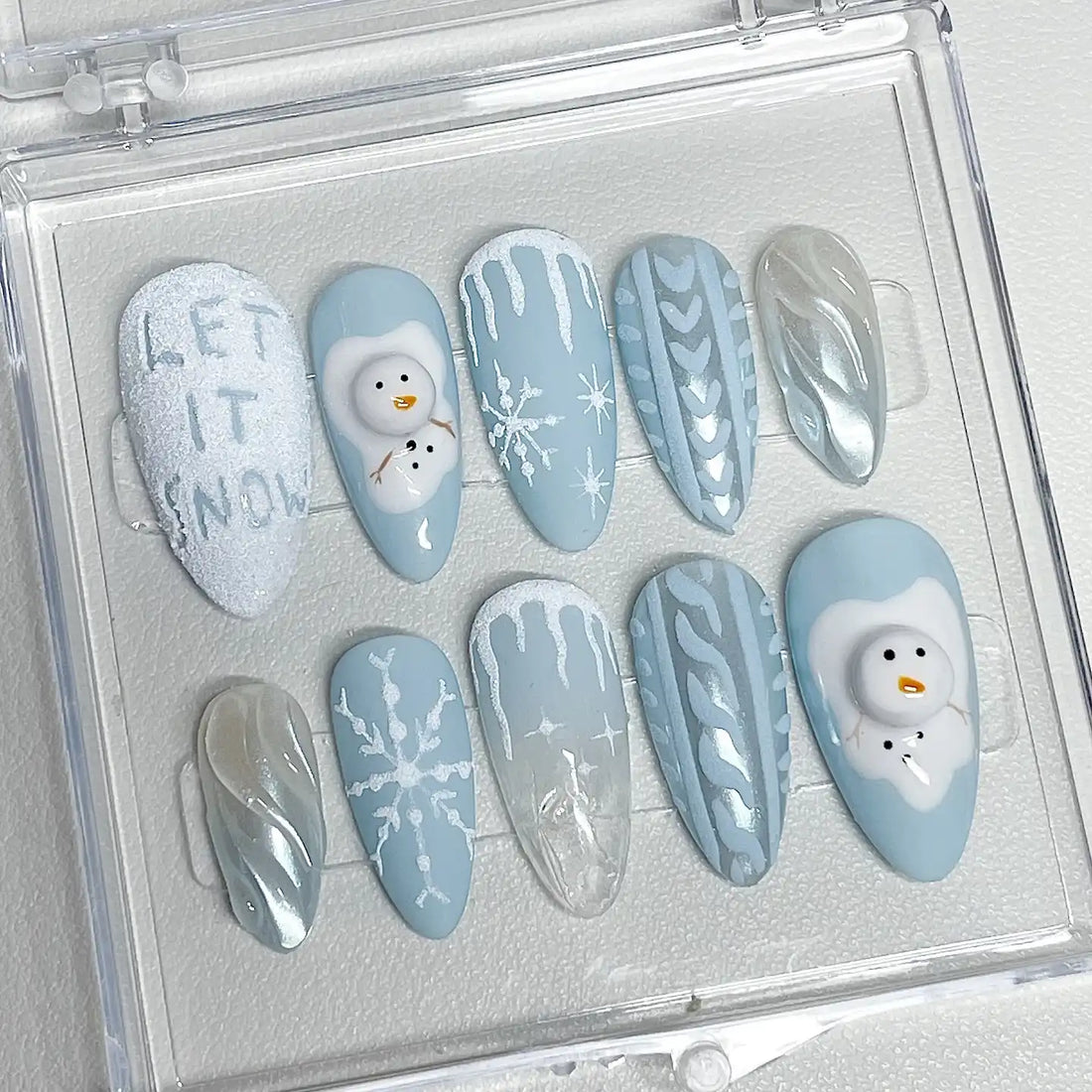 Handmade Winter Snowman Sweater Snowflake Blue Press on Nails K04