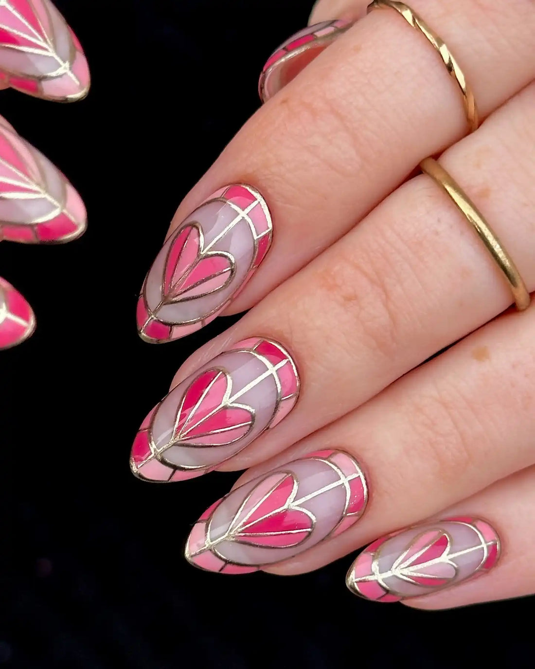 Handmade Stained Glass Heart Pink Gold Press on Nails - Romantic Elegant V38