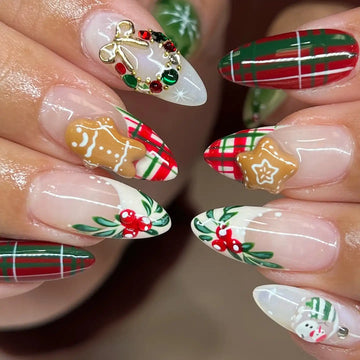 Handmade Christmas Plaid Gingerbread Holly Wreath Press on Nails V60