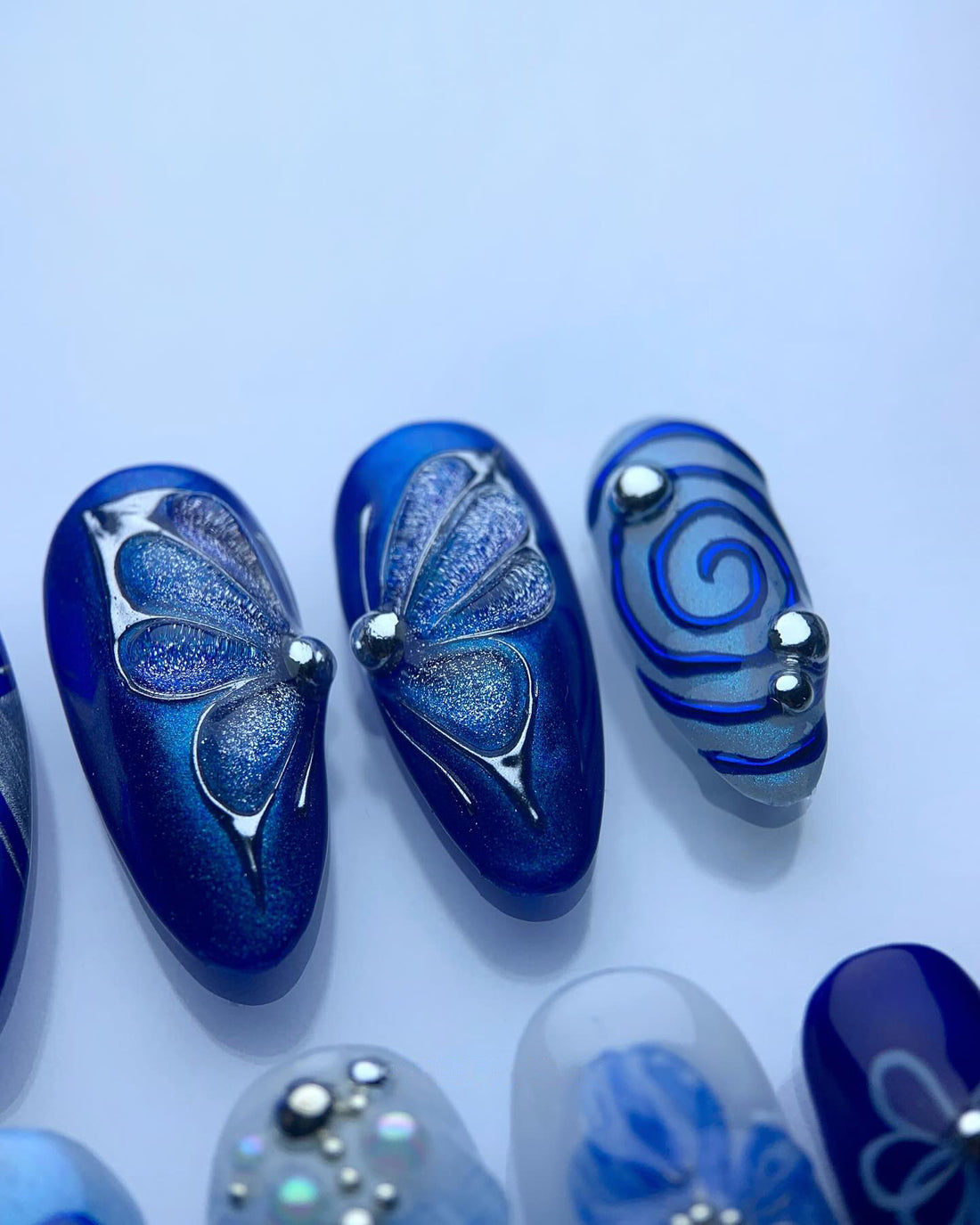 Handmade Blue Butterfly Floral Nail Art with Pearl Bow Accent Press on Nails P83