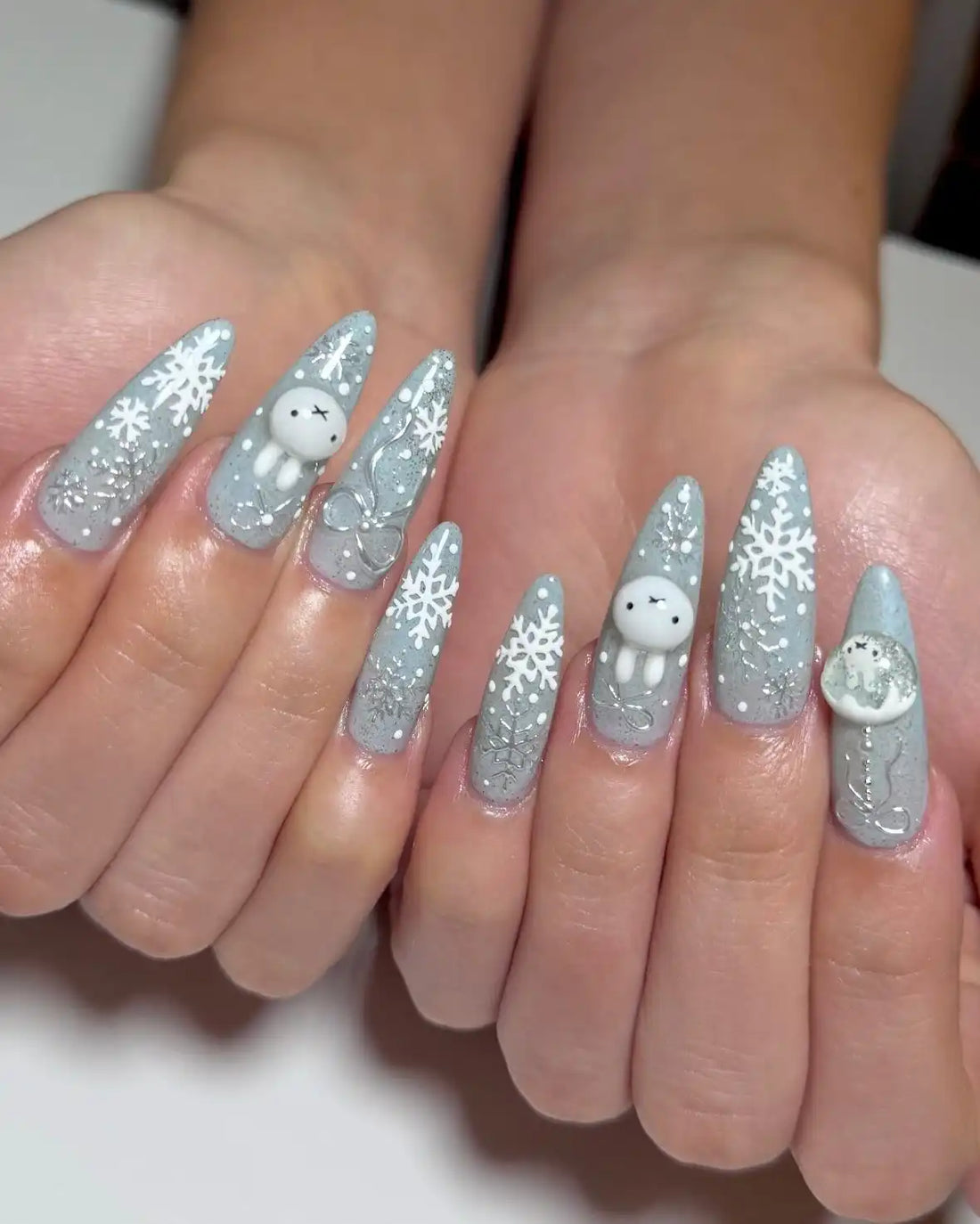 Handmade Bunny Snowflake Glitter Cute Winter Christmas Theme Press on Nails S94