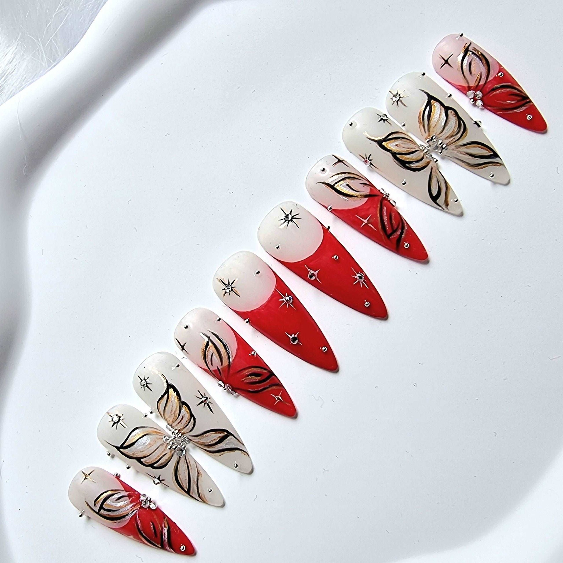 Handmade Butterfly Press on Nails - Red Elegant Spring Star & Crystal Design.