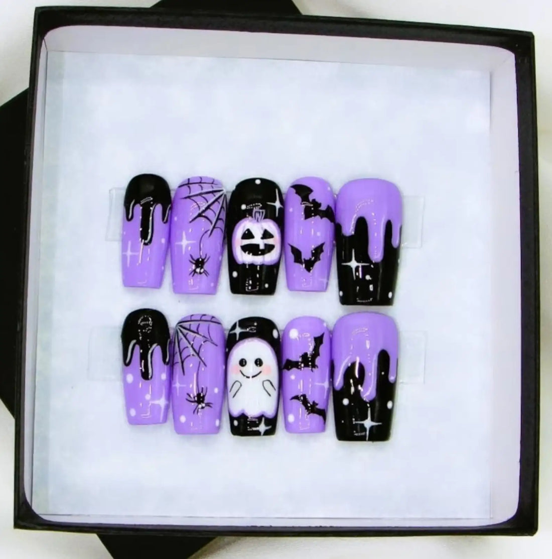 Handmade Spooky Purple Ghost Bat Pumpkin Halloween Press on Nails E04