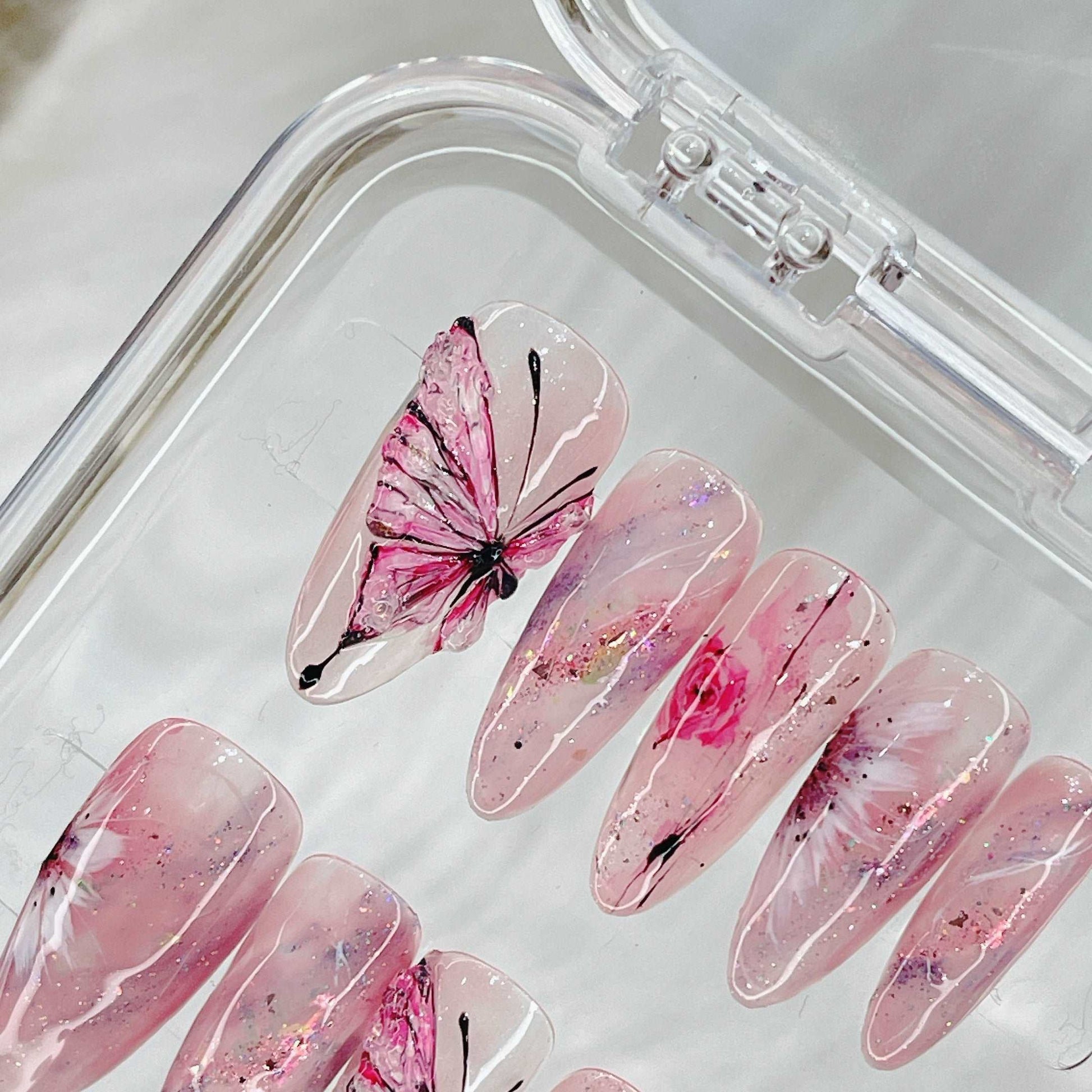 Pink Butterfly Handmade Press on Nails - Water Color Flowers Design.