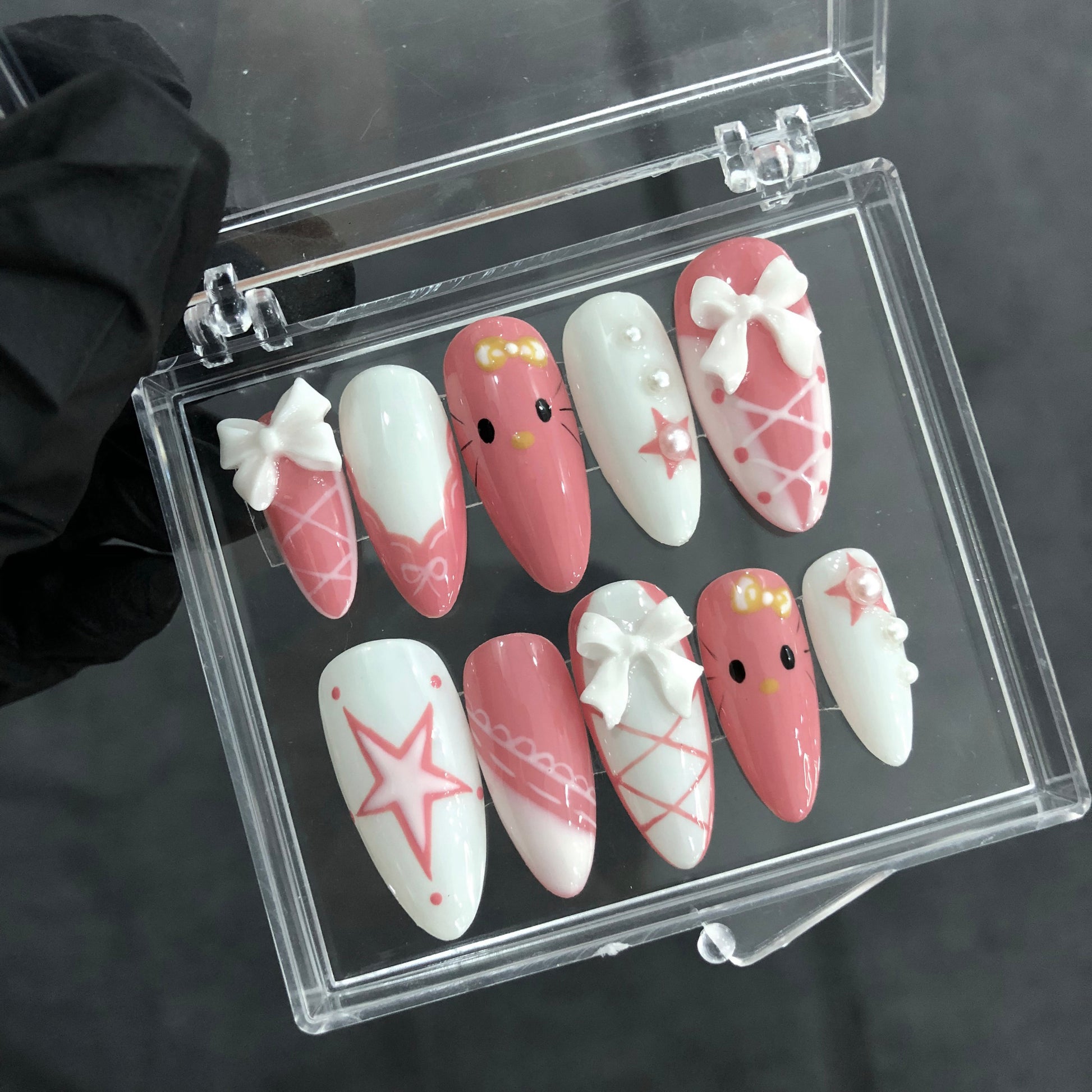 Handmade Kawaii Press On Nails - Japanese Style Cute Kitty Pink & White.