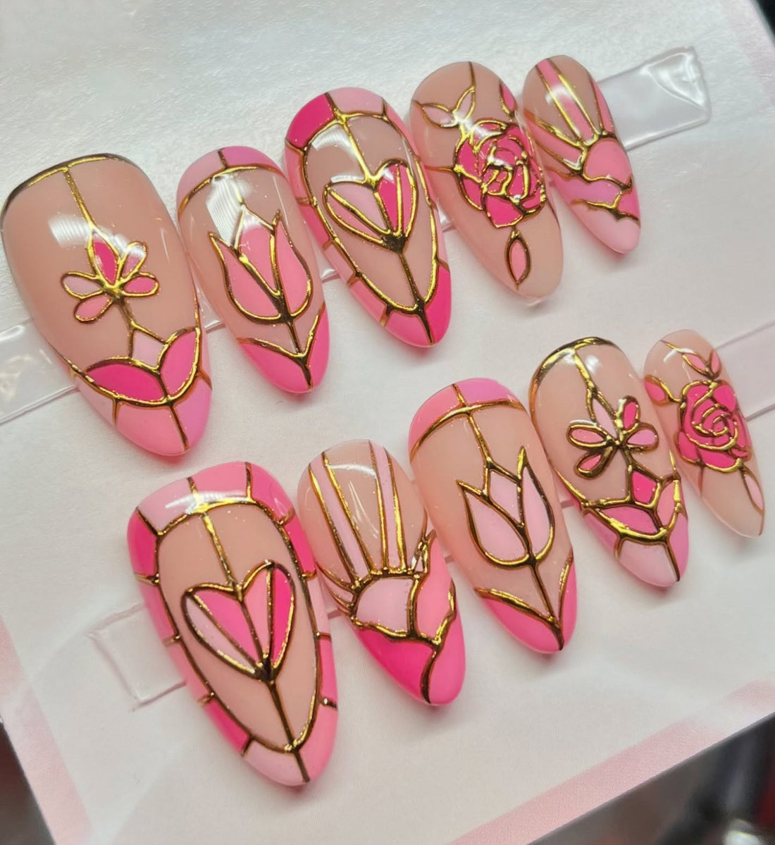 Handmade Elegant Pink Gold Stained Glass Floral Press on Nails A92