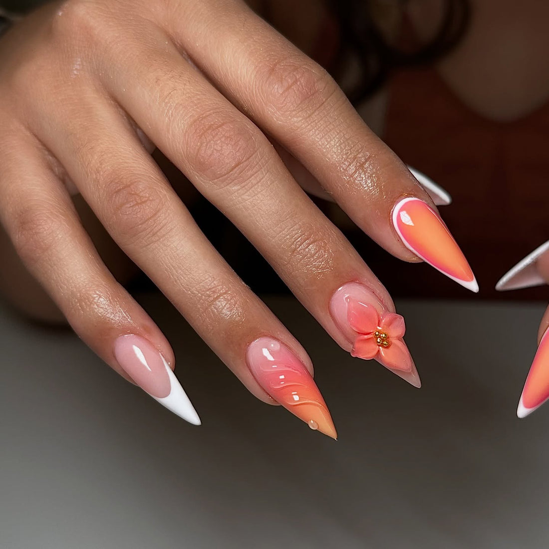 Handmade Orange Floral Sunset Nail Art with Gold Bead Accent Press on Nails T06