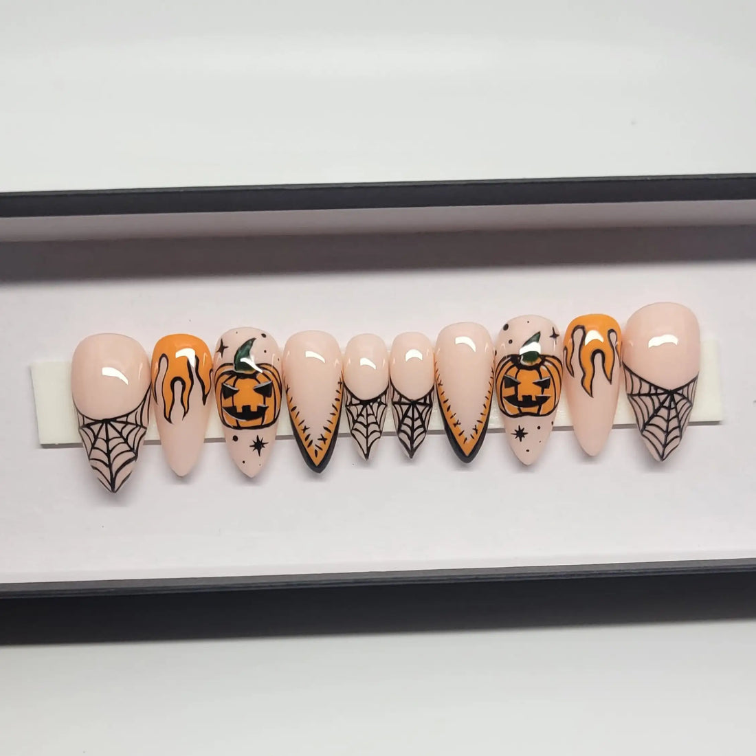 Handmade Spooky Pumpkin Spiderweb Orange Halloween Press on Nails E17