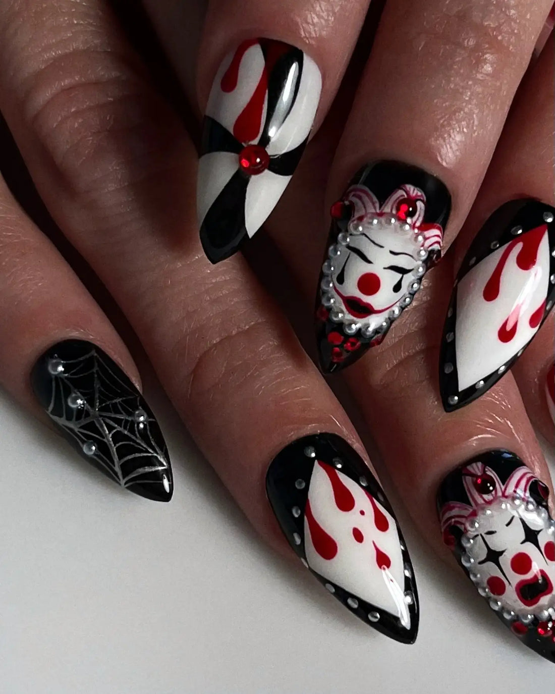 Handmade Spooky Clown Drip Spiderweb Red Black Halloween Press on Nails W07