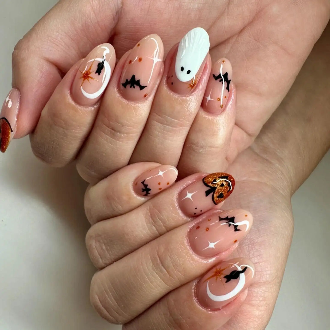 Handmade Spooky Ghost Bat Moon Pumpkin Halloween Press on Nails D51
