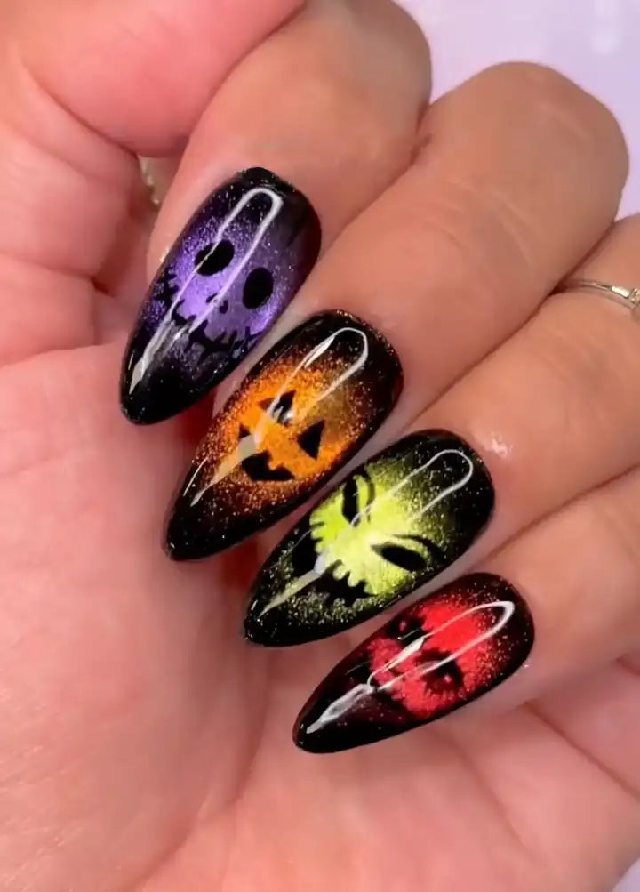 Cat Eye Hand-painted Spooky Halloween Characters Press on Nails - Skull, Cat, Witch, Devil Fingernails