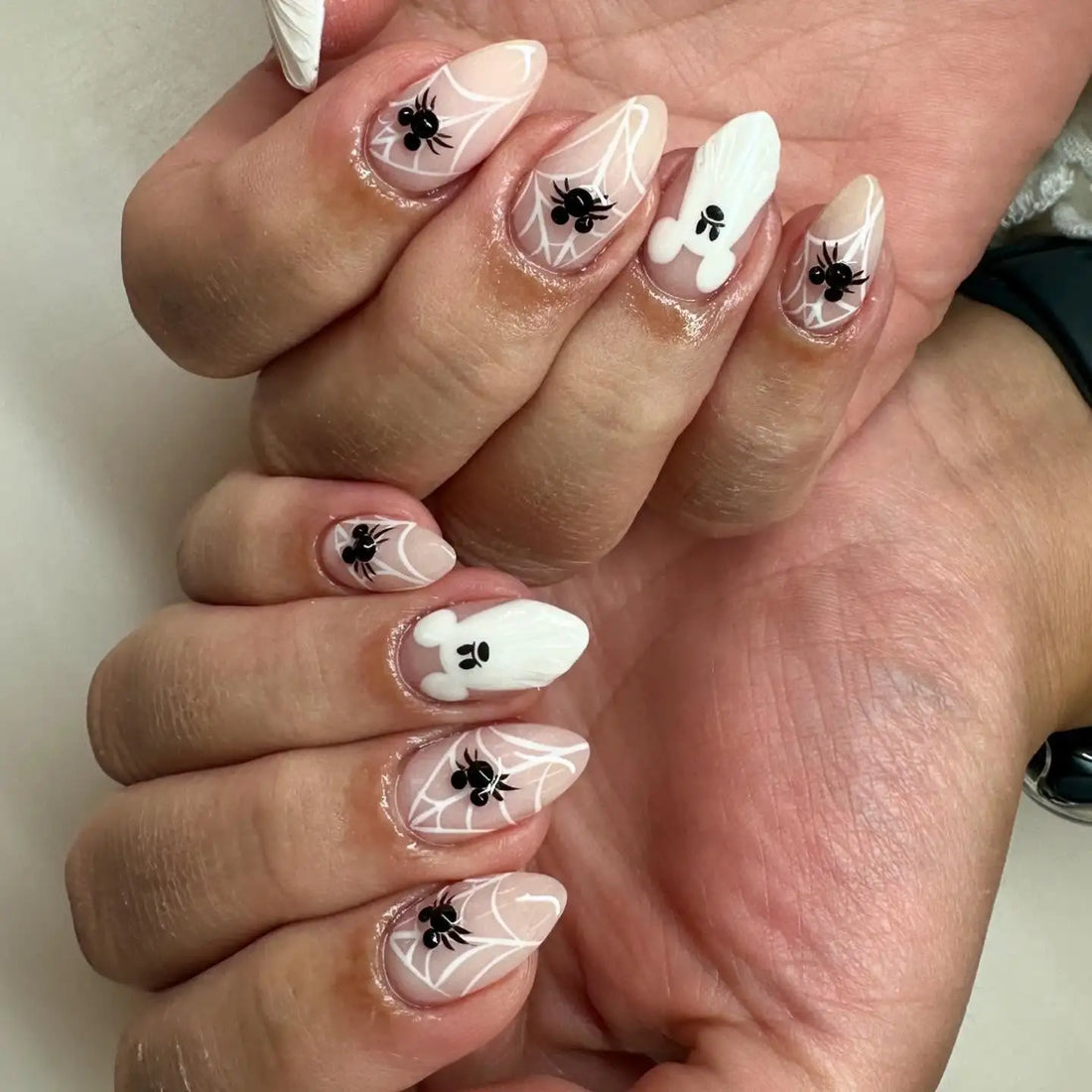 Handmade Mouse Cute Ghost Spiderweb White Halloween Press on Nails B13