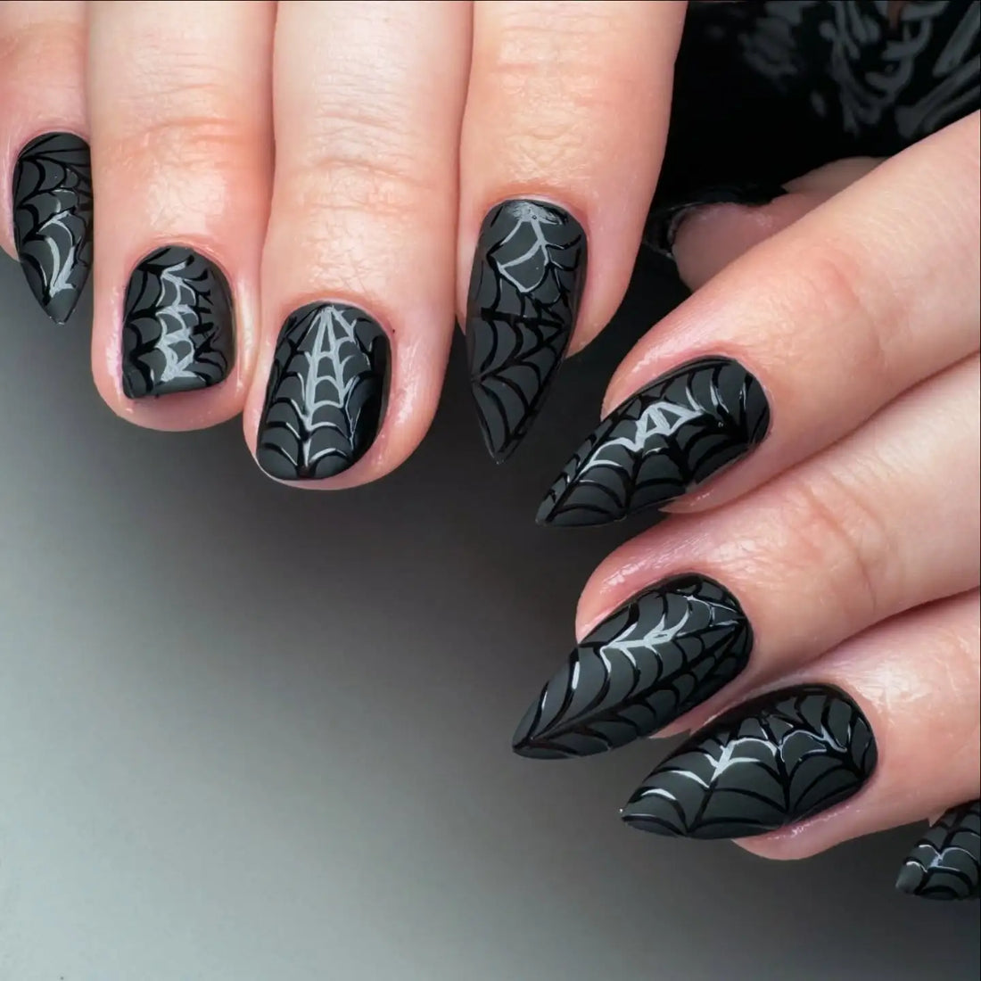 Handmade Spooky Spiderweb Matte Black Halloween Press on Nails K24