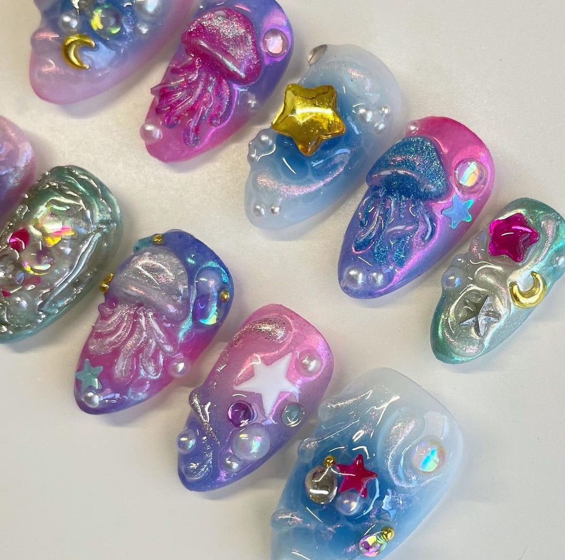 Handmade Jellyfish Star Moon Pastel Ocean Fantasy Press on Nails D63