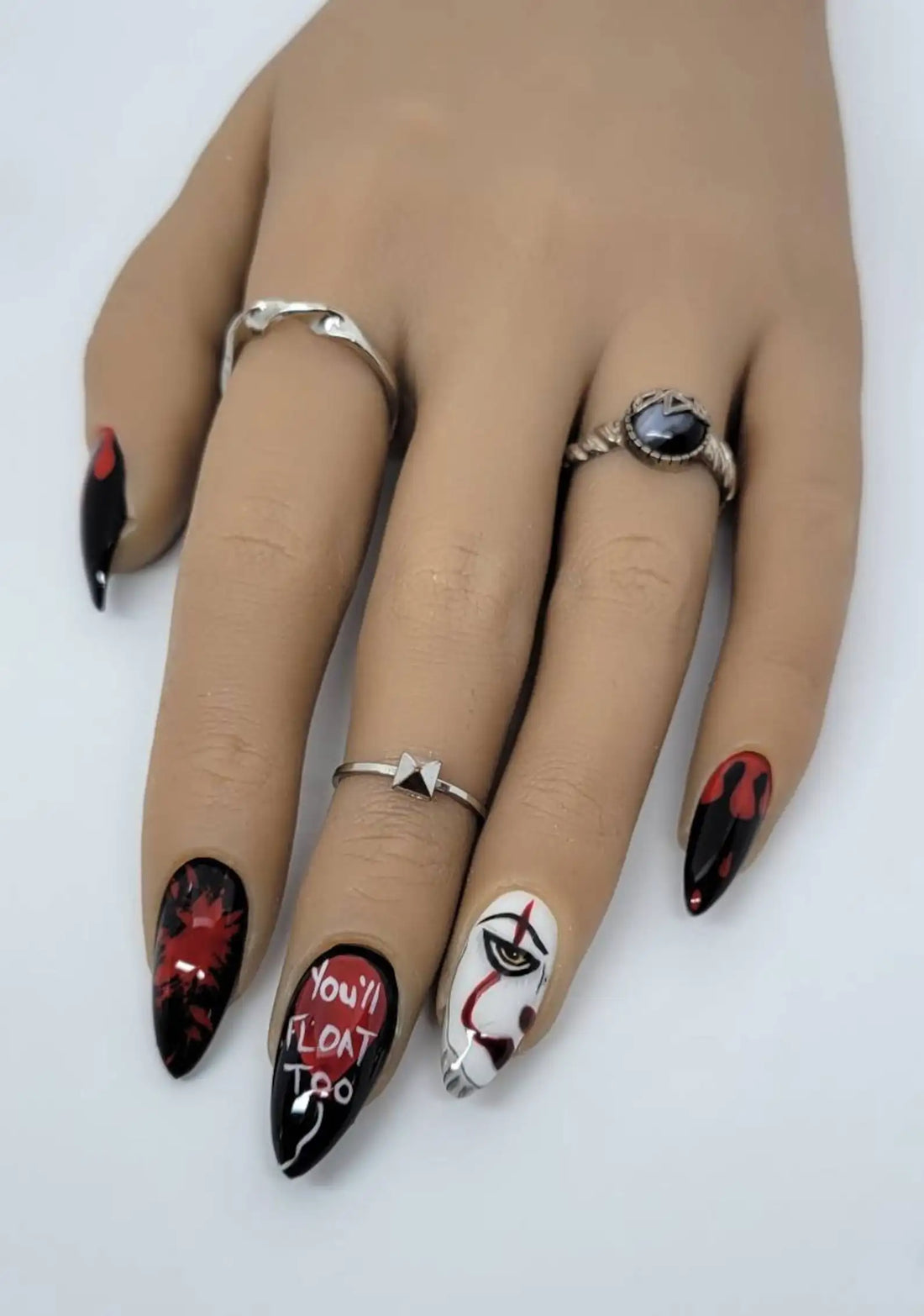 Handmade Spooky Clown Blood Red White Halloween Press on Nails R37