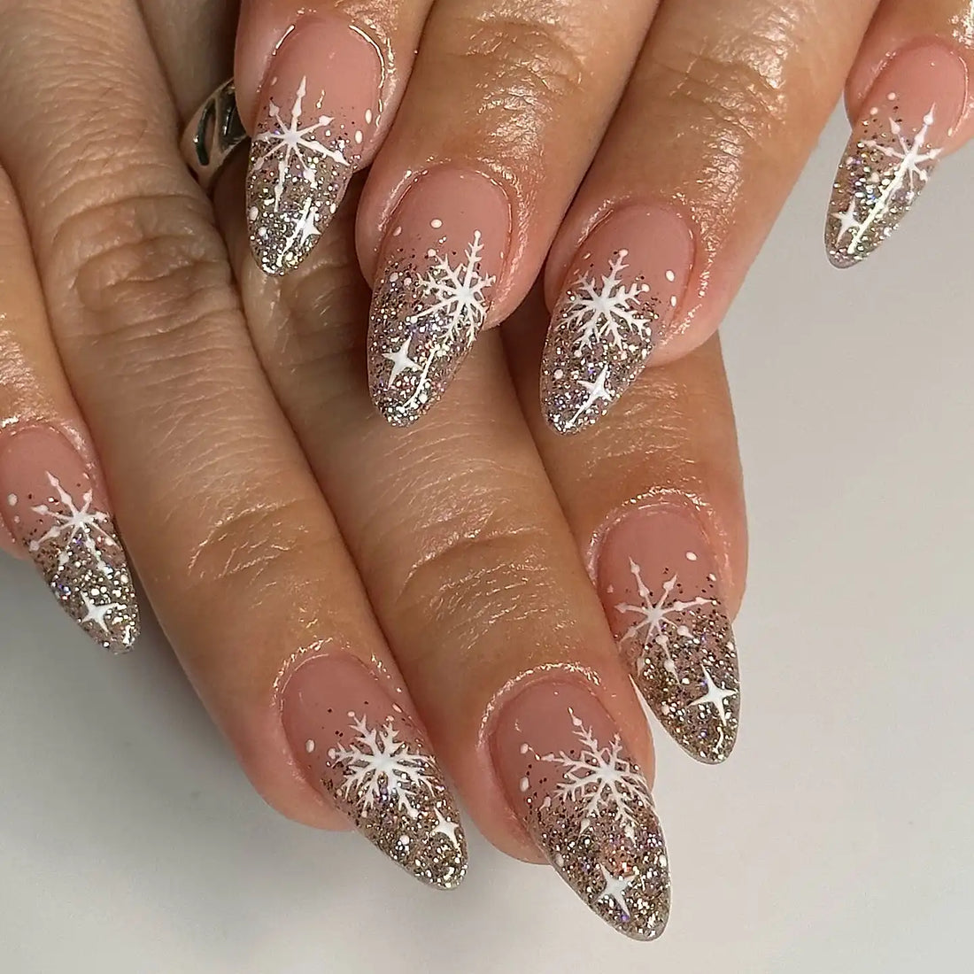 Handmade Winter Snowflake Gold Glitter French Festive Press on Nails U48