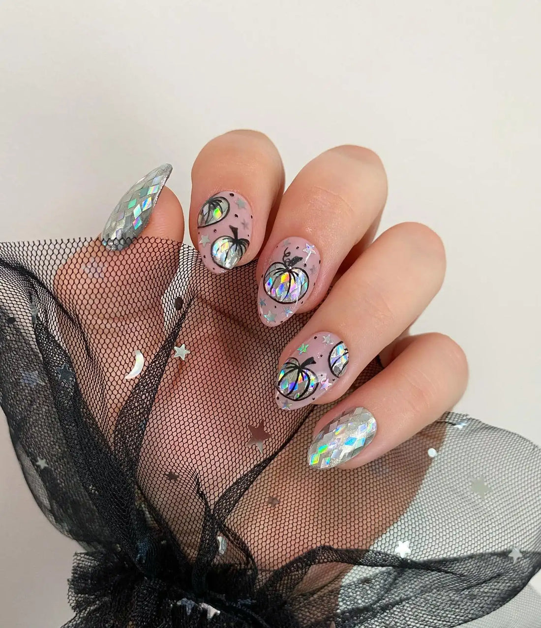 Handmade Pumpkin Star Glitter Holographic Fall Autumn Press on Nails A61