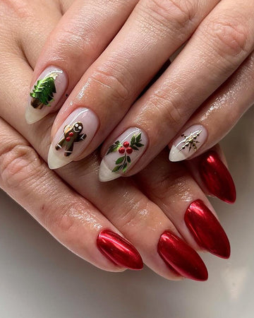 Handmade Christmas Red Chrome Tree Gingerbread Holly False Nails P64