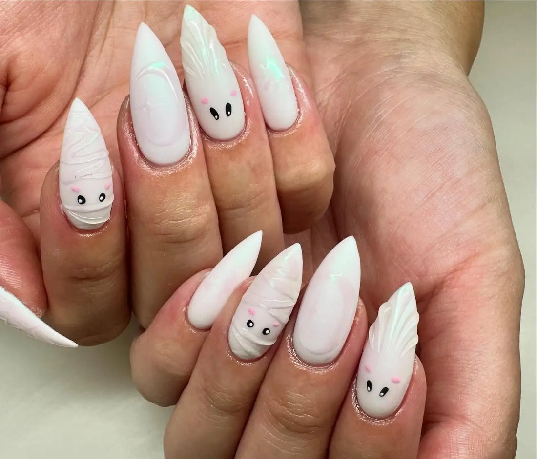 Handmade Cute Ghost White Mummy Halloween Press on Nails A45
