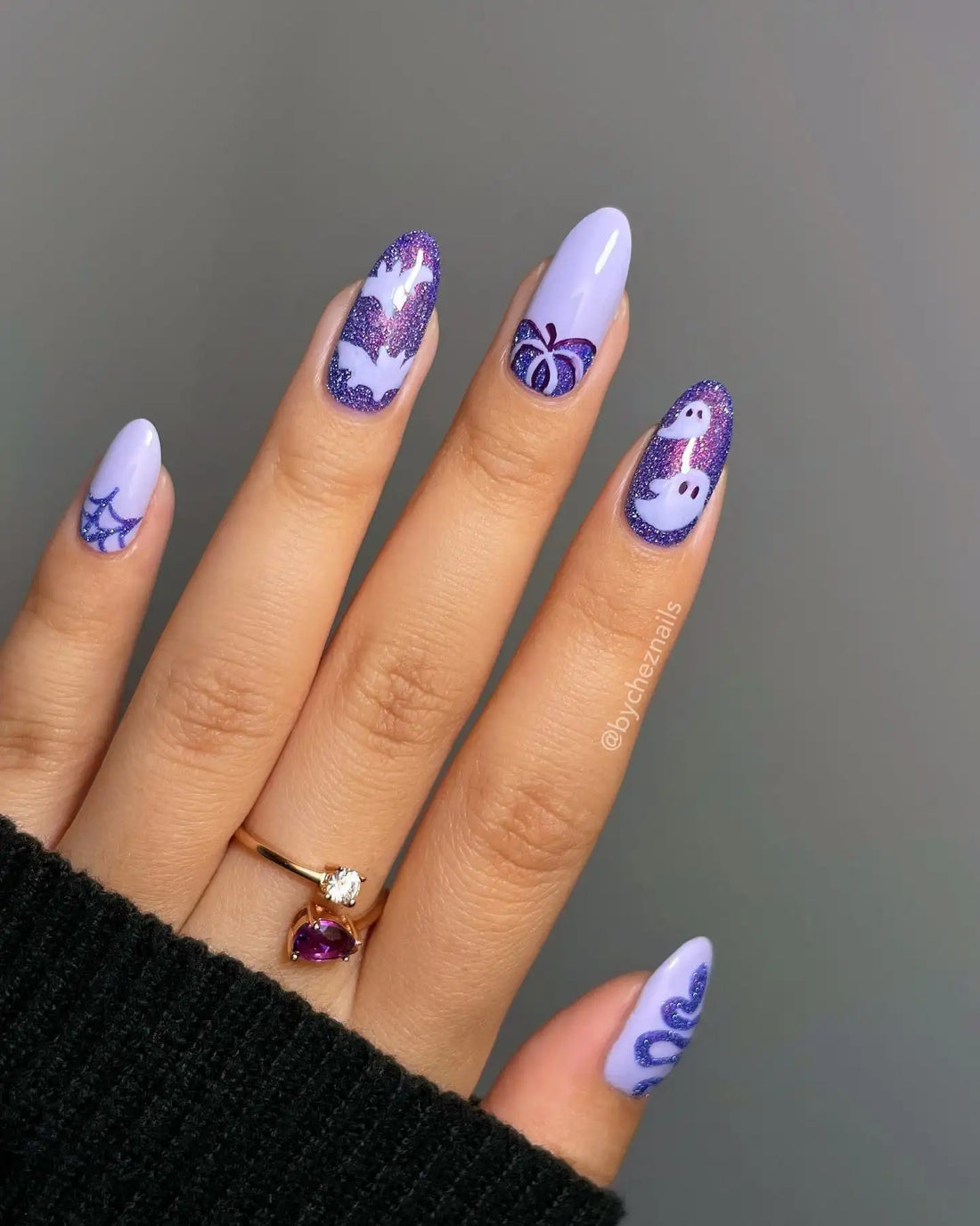 Handmade Spooky Ghost Bat Spider Glitter Purple Halloween Press on Nails O99