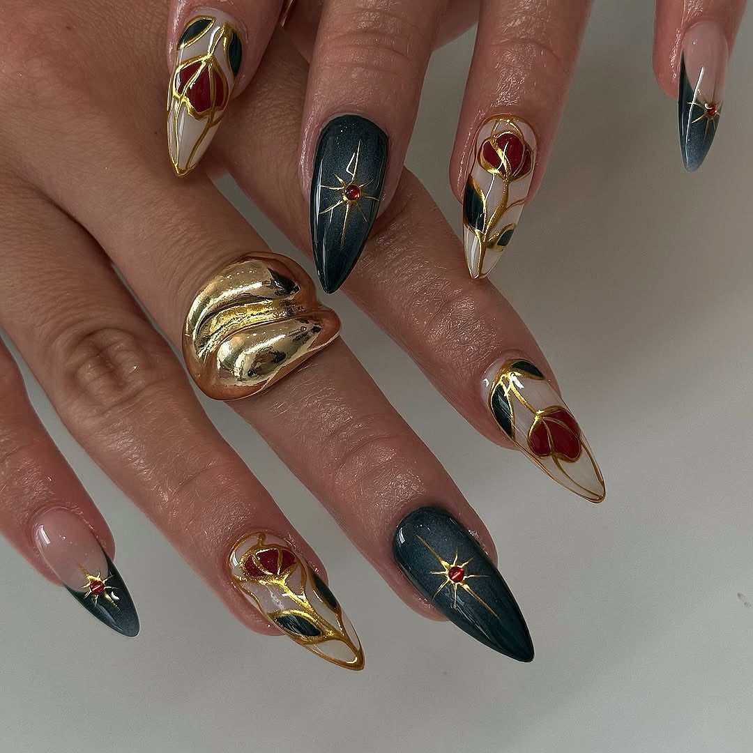 Handmade Stained Glass Heart Red Green Gold Elegant Press on Nails C92