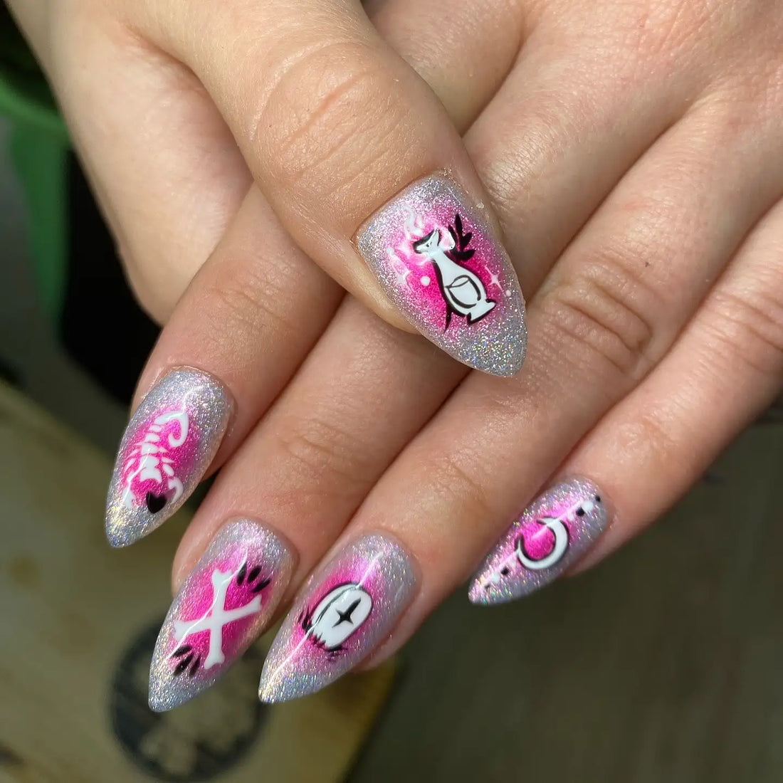 Handmade Goth Halloween Ghost Spider Pink Silver Glitter Press on Nails F08