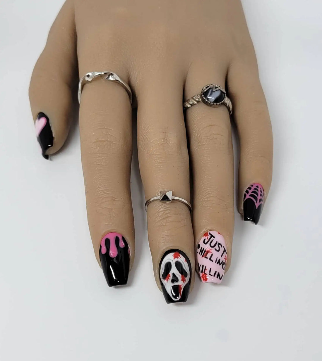 Handmade Spooky Scream Ghost Spiderweb Halloween Pink Black Press on Nails A41