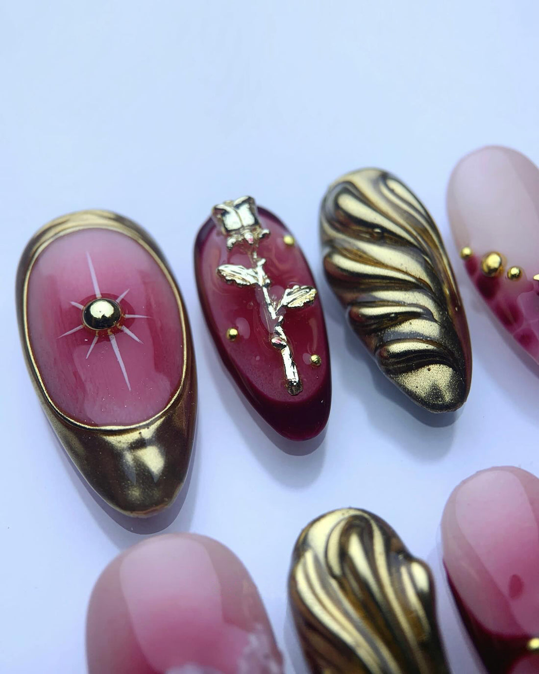 Handmade Pink Rose Floral Nail Art with Gold Swirl Pearl Press on Nails O51