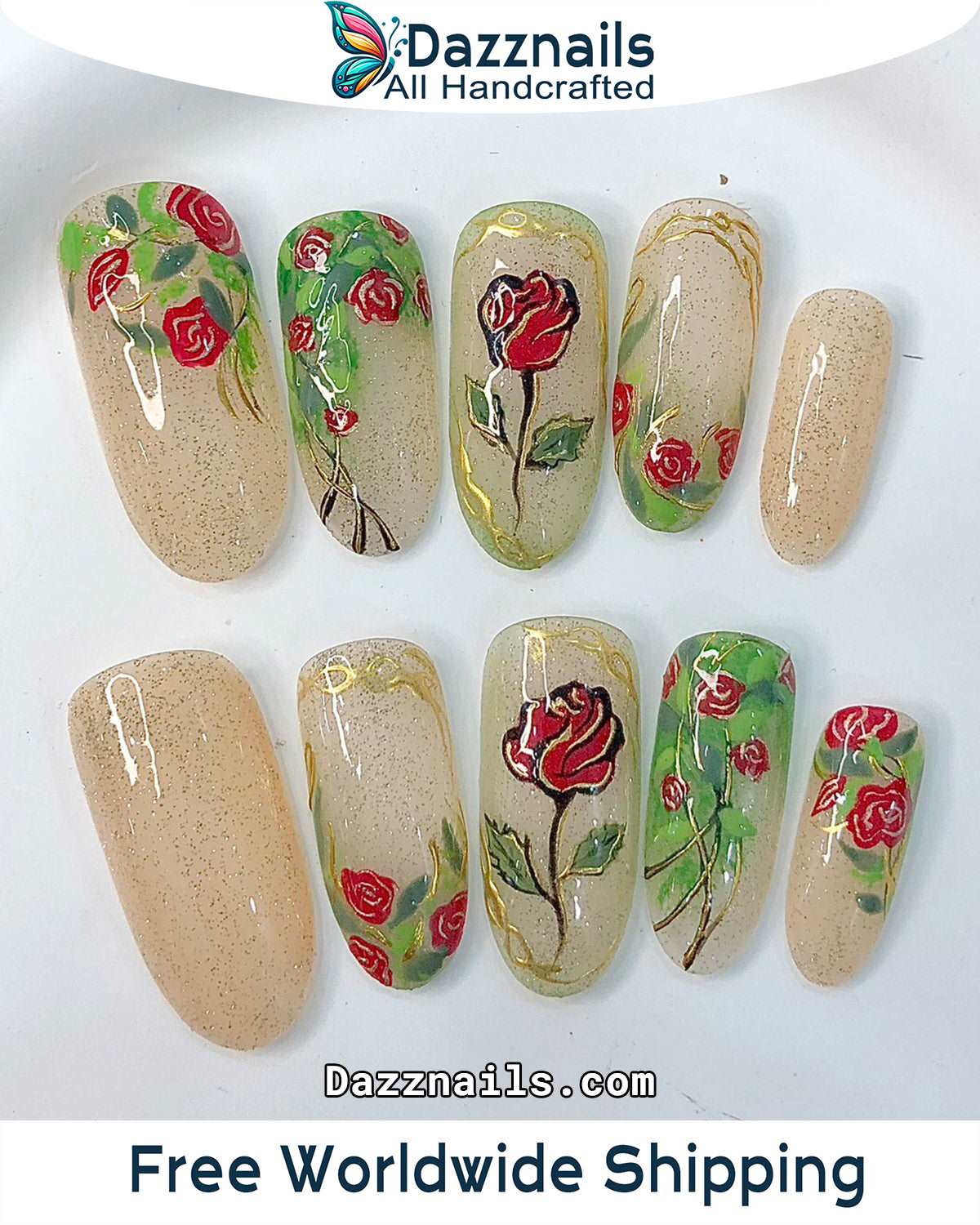 Handmade Spring Press on Nails - Golden Red Leaf Flower Rose Design.