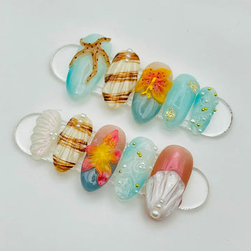 3D Beach Ocean Summer Press On Nails - Flowers, Seashells, and Starfish Design