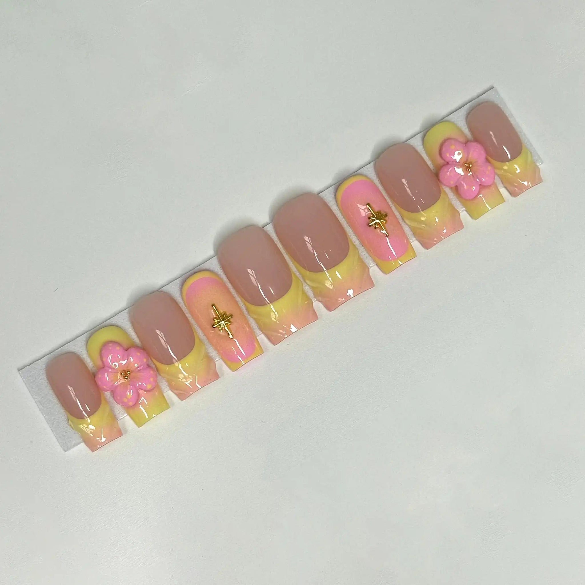 3D Flower French Tip Aura Press on Nails - Handmade Fingernails