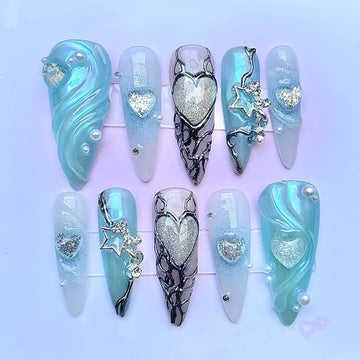 3D Free Style Mermaid Gel Blue Press On Nails - Handmade Custom Elegant Design